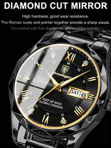 POEDAGAR 1件装时尚男士不锈钢防水夜光手表，带星期和日期显示功能，商务石英表，带表盒，休闲男士腕表，适合日常场合，男士礼物