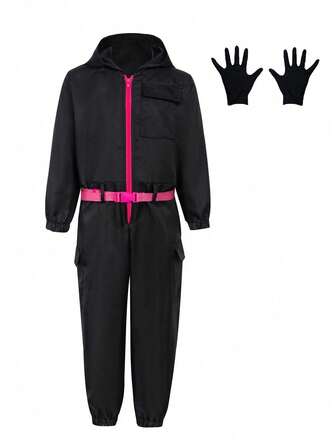 一套成人黑色游戏角色扮演服装，韩版电影男女通用连帽连体衣，含腰带和手套，派对礼服