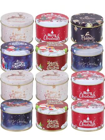 1 st. rund julklappsförpackningslåda, julplåtsask, 3-tums diameter, plåtask, förvaringsask för julaftonsgodis i plåt, tom ask, kapslad plåtask i metall, lämplig för godis och andra små föremål.