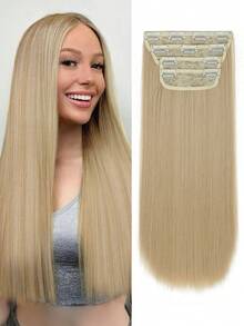 4 piezas/set Extensiones de cabello liso suave de 20 pulgadas, extensiones de cabello sintético liso grueso con clip para mujeres, piezas de cabello postizo con clip para toda la cabeza, extensiones de cabello sintético - Multicolor - Ver 12