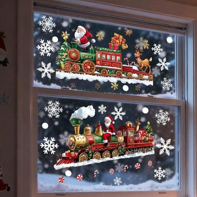 Santa Claus And Reindeer Train Static Window Sticker, Snowflake Window Reusable PVC Decal, Winter Children's Holiday Party Decoration Glass Ornaments