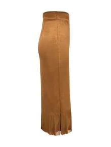 Women's Solid Color Elegant Suede Fringe Skirt Spring - Tan - View 5