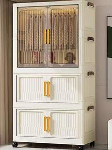 Freestanding Portable Wardrobe Closet Organizer 55cm Wide With Hanging Rod & Doors, Foldable Stackable Clothes Storage Bins With Lids, Dustproof Collapsible Garment Cabinet With Wheels For Bedroom, Dorm & Office - 米色 - 查看 2