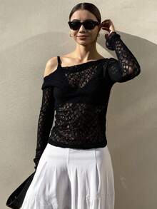 Livesso Women's Lace Asymmetric Neck Slim Fit Crop Top, White, Spring/Summer Sheer Long Sleeve Women Tops,Fall Women Clothes - Black - View 4
