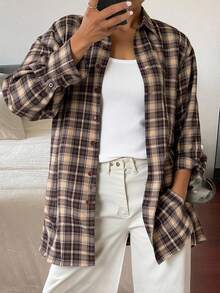 Livesso Camisa de mujer de manga larga con cuello vuelto y estampado de cuadros, color marrón café, para primavera/verano/otoño, franela para mujer, ropa de mujer para otoño