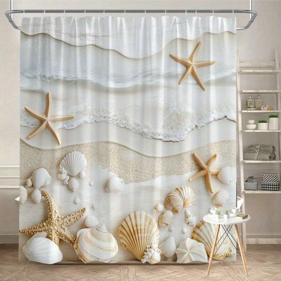 1pc  Beach Shower Curtain - Coastal Waves, Sandy Shore & Seashells Design In Neutral Tones, Washable Polyester Fabric, With 12 Hooks For Calming Bathroom Decor, Ocean Shower Curtain, Durable Bathroom Accessory, Bathroom Decor, Home Decor, Bathroom Essentials - 豐富多彩的 - 查看 1
