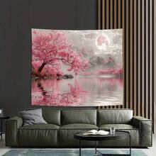 1 件迷人粉色樱花树湖景背景 - 涤纶面料，适用于客厅、卧室、办公室装饰和派对