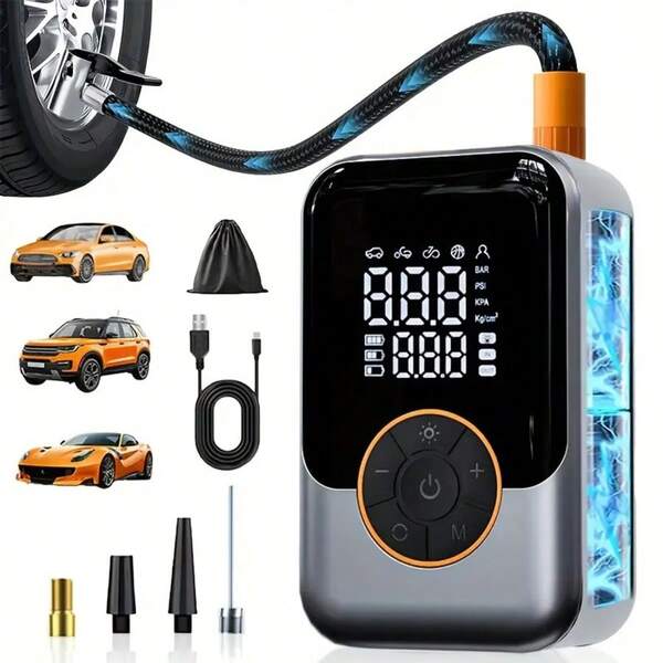 Mini gonfiatore di pneumatici senza fili portatile con manometro digitale. Compatto e facile da trasportare. Supporta la ricarica USB e funge da compressore d'aria per gonfiare pneumatici di auto, moto, biciclette e altro. Pompa leggera e portatile, costruzione durevole e materiali di alta qualità.