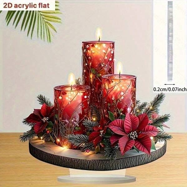 2 pezzi Portacandele natalizio in acrilico piatto bohémien con base, design di candele rosse e dorate con fiori di poinsettia e verde, perfetto per la casa, la camera da letto e la decorazione natalizia del tavolo del soggiorno, stile bohémien, design elegante di candele, decorazione natalizia