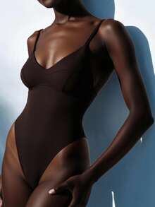 Aveloria Modichic 1 bộ đồ bơi liền thân dây mảnh màu trơn cho nữ, thời trang mùa hè - màu nâu - Xem 1