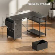 HLONONE Desk 120/140 Cm With 3 Fabric Drawers & Storage Bag, Corner Computer Desk With Shelves For Office & Home Office, 4 Colors - màu đen - Xem 8