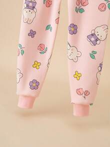 2pcs Girls Thickened Warm Underwear Set, Cartoon Floral Rabbit Print, Thermal Lined Pajamas For Autumn/Winter - Pink - View 9
