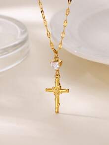 Cubic Zirconia Cross Pendant Necklace For Men 18K Gold Plated Stainless Steel Necklaces Vintage Goth Cross Charm Round Chain Beads Chain Lip Chain Jewelry Daily Wear Christmas Gifts