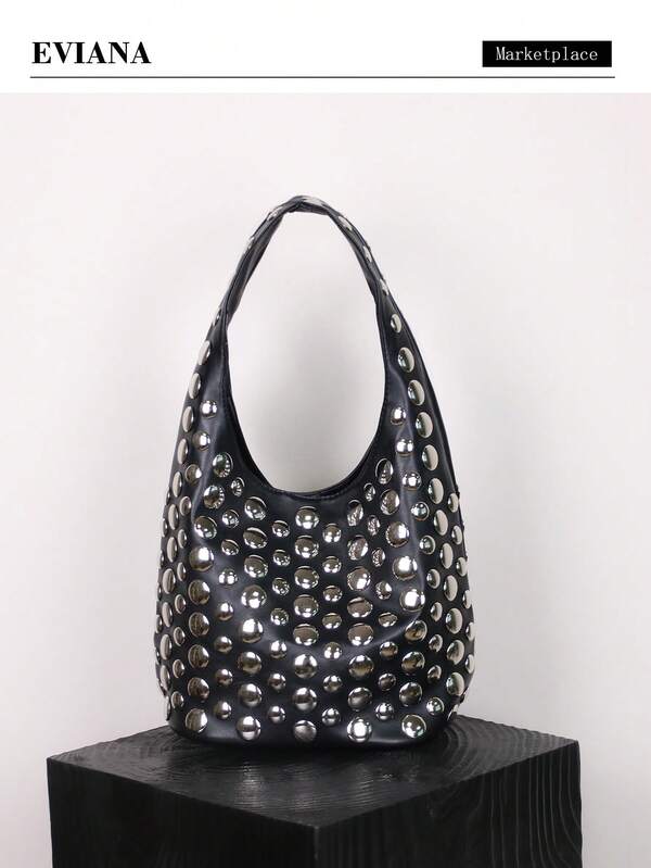 Bolso de hombro casual de mujer de moda europea y americana, Otoño/Invierno 2025, Diseño exclusivo de nicho de chica dulce y cool Y2K con lunares y remaches, Bolso de cubo retro de vanguardia con gran capacidad