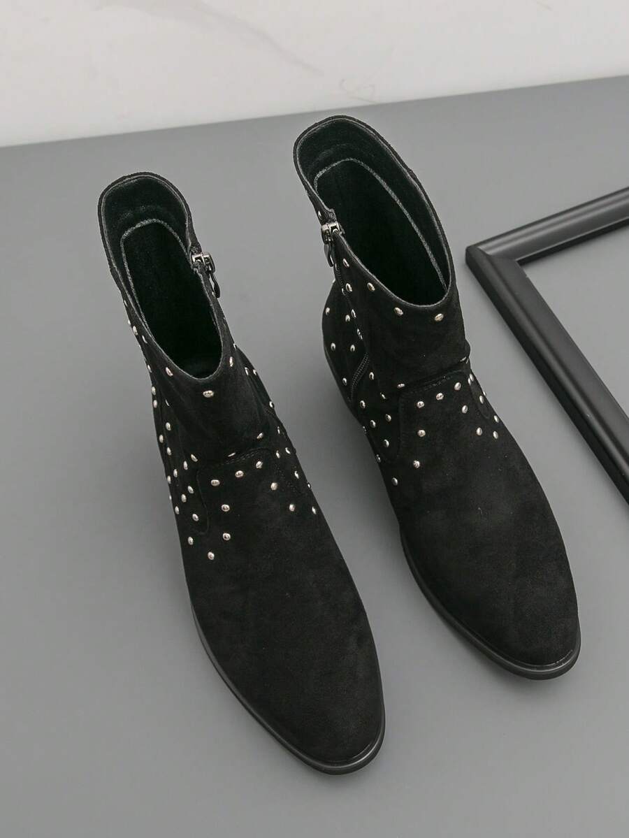 Versatile Korean Style British Retro Solid Color Western PU Leather Metal Eyelet Rivet Embellished Chelsea Boots, Suitable For Holidays And All Seasons - Black - View 1