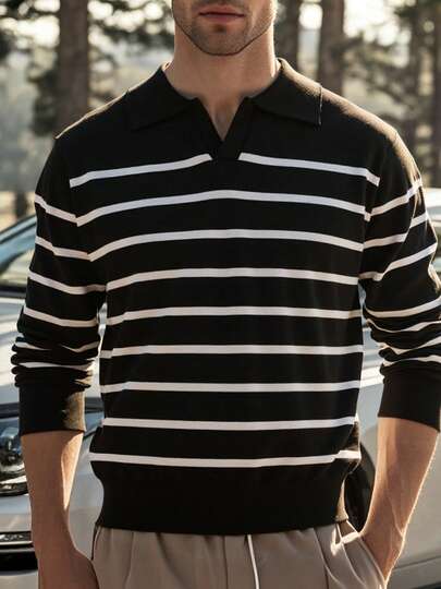 1 pieza Suéter de cuello redondo de punto a rayas clásico para hombre, otoño/invierno