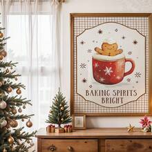1pc Frameless Gingerbread Mug Christmas Print, Kitchen Coffee Bar Wall Art, Plaid Background Warm Tones Winter Holiday Decor, Cozy Home Decor Poster For Living Room, Bedroom, Dorm, Vintage Style Aesthetic