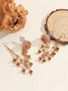 1 Set Fashionable Jewelry Set, Detachable Rhinestone Teardrop Earrings With Small Bell & Faux Pearl Tassel Earrings, Hair Accessories & Earrings Combo Set, Convertible To 4pcs Long Chain Jewelry, Suitable For Women's Daily, Festival, Wedding And Party Wear/Bridal Jewelry/Jewelry Gift - Fashion - View 7