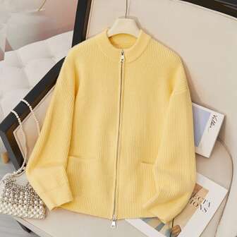 女士开衫毛衣，圆领长袖拉链轻质针织时尚毛衣，休闲针织毛衣上衣