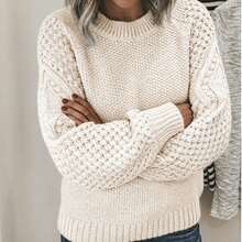 Open-Knit Lantern Sleeve Sweater For Women - Fall & Winter Soft Skin-Friendly Oversized Casual Versatile Gentle-Style Top | Mock-Neck Breathable Slim-Fit Pullover; Soft Skin-Friendly Pullover, Mock-Neck Oversized Casual Top, Gentle-Style Versatile Breathable Sweater - 杏色 - 查看 7