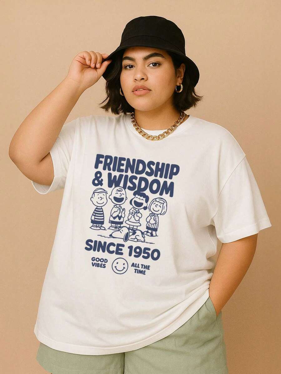 Plus Size Knitted T-Shirt With Short Sleeve, Round Neck, Long Length With Graphic Print, Oversized Top For Women - White - View 1