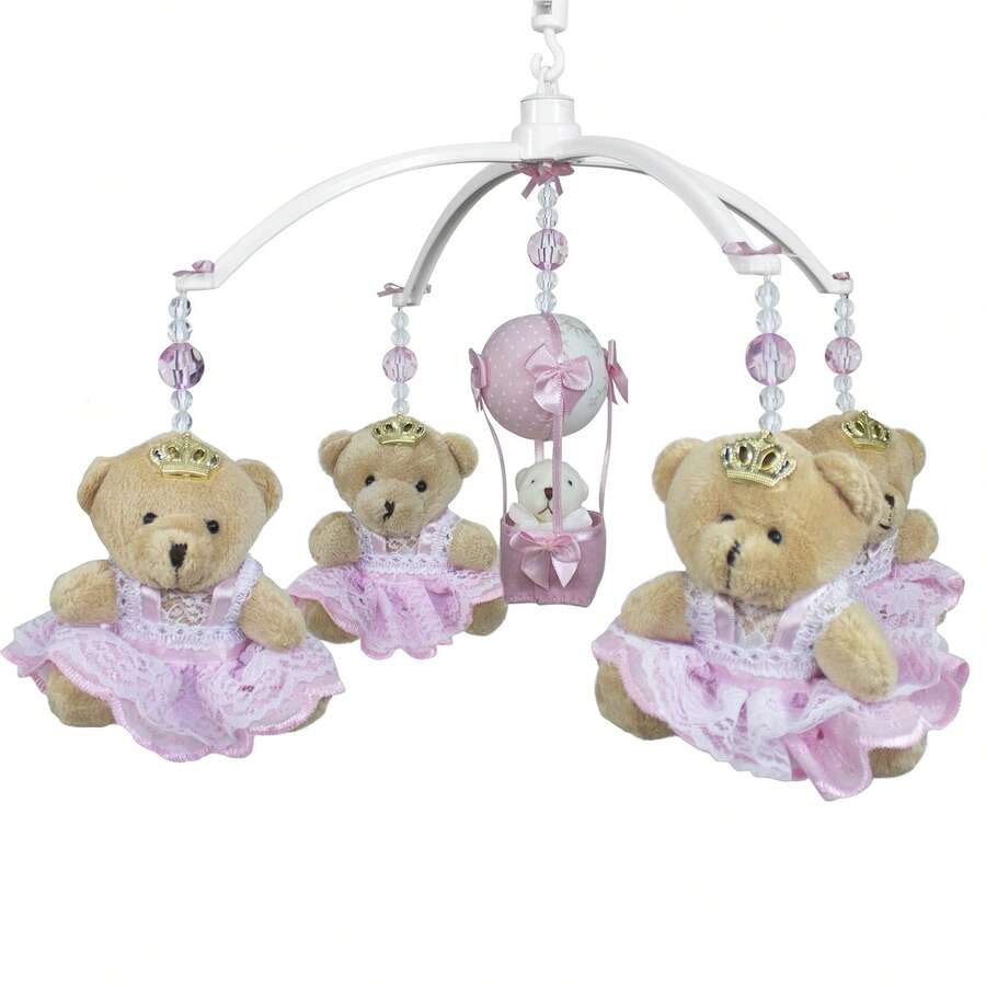 Móbile Musical Ursa Princesa Rosa Menina Coroa Giratório Berço Bebê