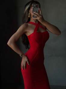Sexy Spaghetti Strap Red Ribbed Midi Bodycon Dress, Women's Bandage Dress, Elegant For Evening Party Cocktail, Summer Clothing - Red - View 3