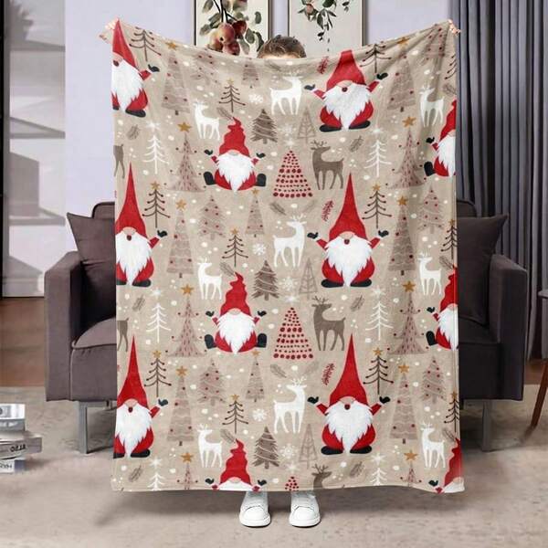 1pc Christmas Theme Flannel Blanket With Reindeer, Christmas Tree, Santa Hat, Gnome, Snowflake Digital Print - Ideal For Living Room, Bedroom, Sofa And Camping - Perfect Gift For Friends, Family And Classmates