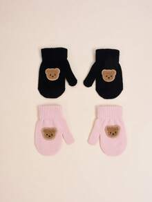 2 Pairs 1-3 Years Old Toddler Baby Autumn/Winter High Elasticity Knitted Warm Gloves, Infant/Children Cute Bear Mittens Gloves, Anti-Scratch & Bite, Suitable For Casual Daily Wear And Winter Warmth Single-Layer Gloves