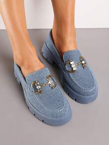 Chunky Platform Loafers With Chain Detail, Women's Casual Spring/Fall Shoes - Navy Blue - View 4