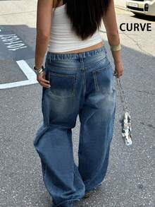 Plus Size Retro Casual Loose Straight Leg Denim Maxi Pants, Fashionable & Versatile Spring - Dark Wash - View 6