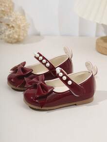 1 双女童公主鞋，亮面皮革鞋面，圆头蝴蝶结装饰，甜美可爱，适合公主裙、生日派对、表演、婚礼、室内外穿着 - 酒紅色 - 查看 2