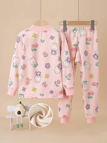 2pcs Girls Thickened Warm Underwear Set, Cartoon Floral Rabbit Print, Thermal Lined Pajamas For Autumn/Winter - Pink - View 2
