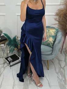 Onicee Women's Autumn Fashion Ruffled Slit Slip Dress - Navy Blue - View 5