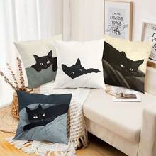 4pcs/ 1 Pc Halloween Cute, Simple, Shy Little Black Cat Short Plush Printed Pillowcase, Suitable For Living Room, Bedroom, Sofa, And Can Be Used For Home Decoration, Halloween Decoration, And Room Arrangement. - Black and White - View 10