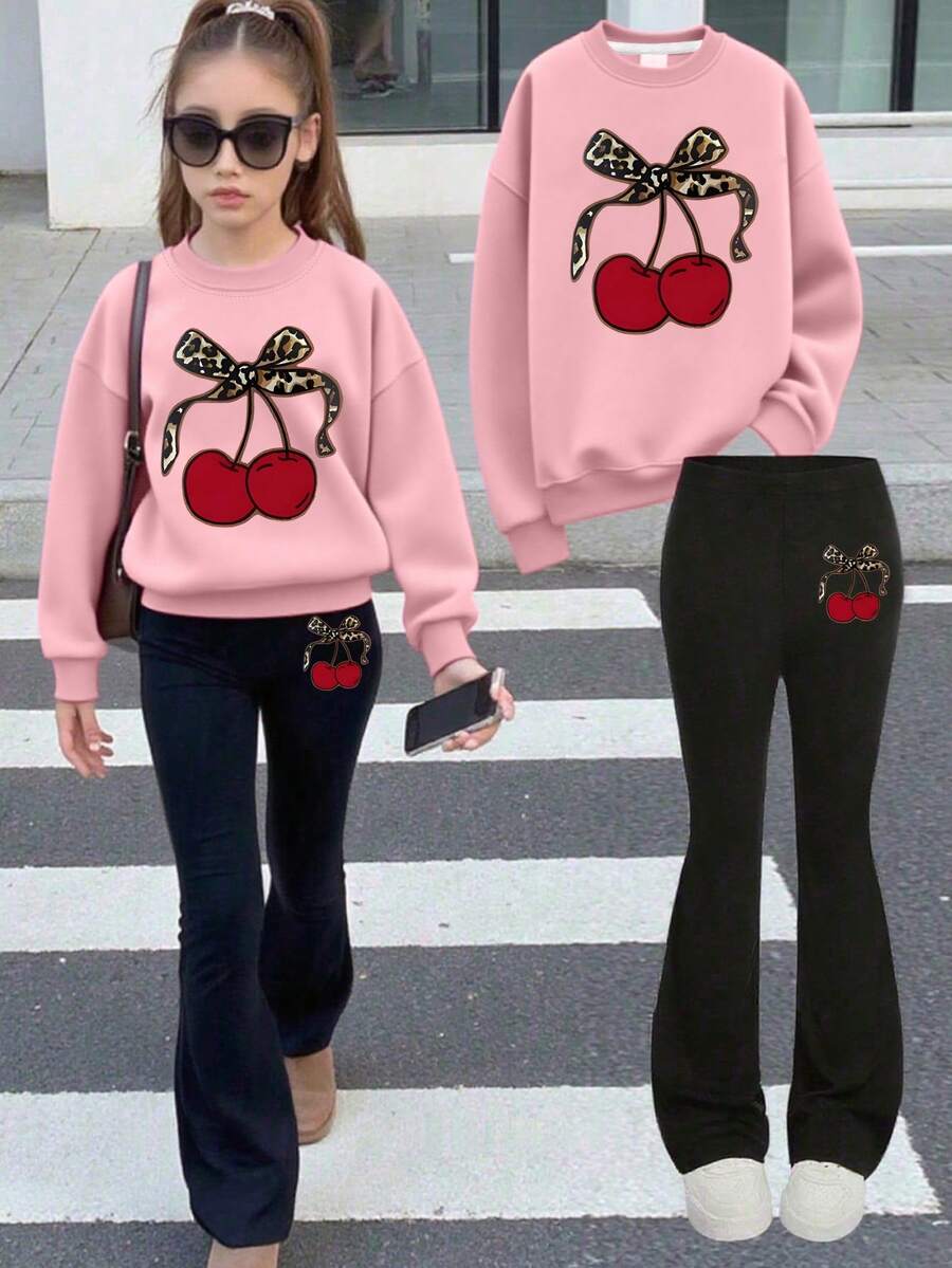 2pcs/Set Girls' Sweet & Fresh Cherry Print Sweatshirt Set, Soft & Skin-Friendly, Casual Everyday Wear For Spring/Autumn - Pink - View 1