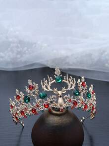 1 件圣诞主题合金皇冠，节日气氛红绿水钻驯鹿设计，引人注目的圣诞节，圣诞派对头饰 - 彩色 - 查看 3