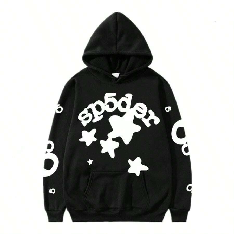 Fashion Street Hoodie - Playful Star And Letter Print, Loose Casual Style, Ideal For Daily Sports And Streetwear - màu đen - Xem 1