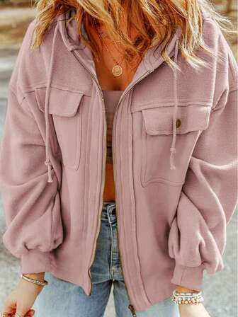 Plus 女士秋冬纯色连帽抽绳口袋夹克