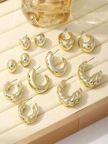 Elegante set de 12 pendientes de aro en forma de C - Diseños plisados y brillantes, perfectos para atuendos casuales y fiestas