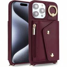 - Carcasa para 15 con cordn y tarjetero para 15 con cremallera, cartera para mujer, telfono mvil, ajustable, collar con anilla para mujer, color marrn - iPhone 15 Pro + B-Rojo Vino - Ver 9