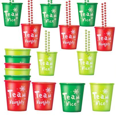 6 件圣诞小酒杯项链塑料小酒杯红队淘气绿队漂亮串珠项链适合圣诞节派对装饰用品