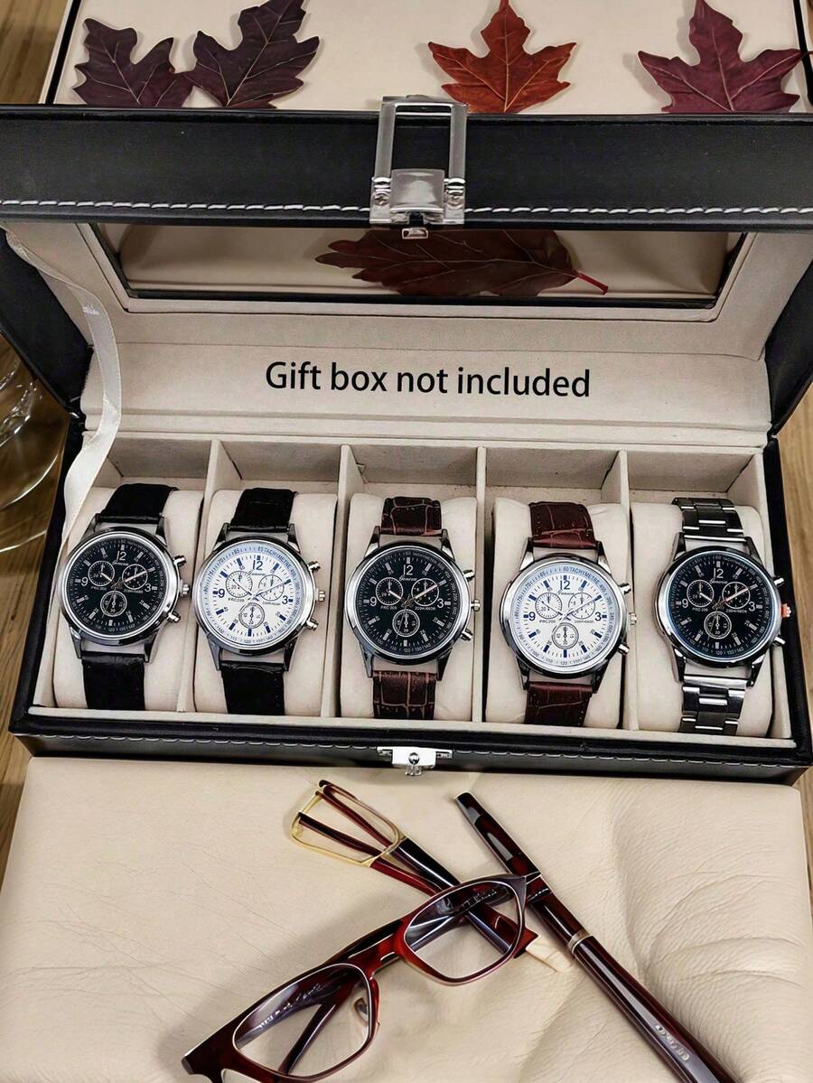 Five-Piece Vintage Business Men's Leather Belt Quartz Watch Set, Simple Design, Father's Day, Valentine's Day Gift, Birthday Gift