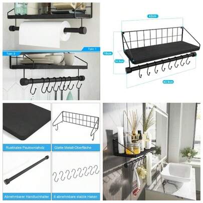 Kitchen Shelf Wall Mounted Wood Floating Wall Shelves With Hooks Rustic Shelf With Towel Bar Bathroom, Bedroom, Living Room Black