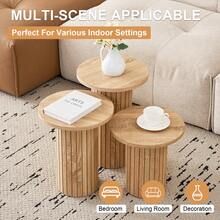 3-Piece Nesting Coffee Table Set, Modern Small Round Wood Side Tables, Fluted Drum Base, For Living Room, Bedroom, Apartment, Small Space, Sofa - 黃色 - 查看 4