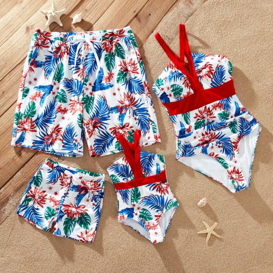 Matching Family Swimsuits Tropical Plant Print Red Spaghetti Strap One-Piece Swimsuit Or Swim Trunks - Đỏ - Xem 1