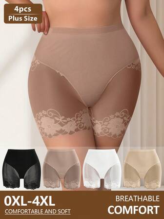 QUASTI 4pcs Plus Size High Waist Lace Safety Shorts For Women, Breathable Anti-Chafing Panties, Comfortable Tummy Control Underwear, 0XL-4XL