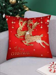 1/2/4 unidades Funda de cojín navideño con renos dorados y estrellas - 45x45 cm, de poliéster rojo con cierre de cremallera para decorar el sofá y el sillón - Rojo - Ver 4