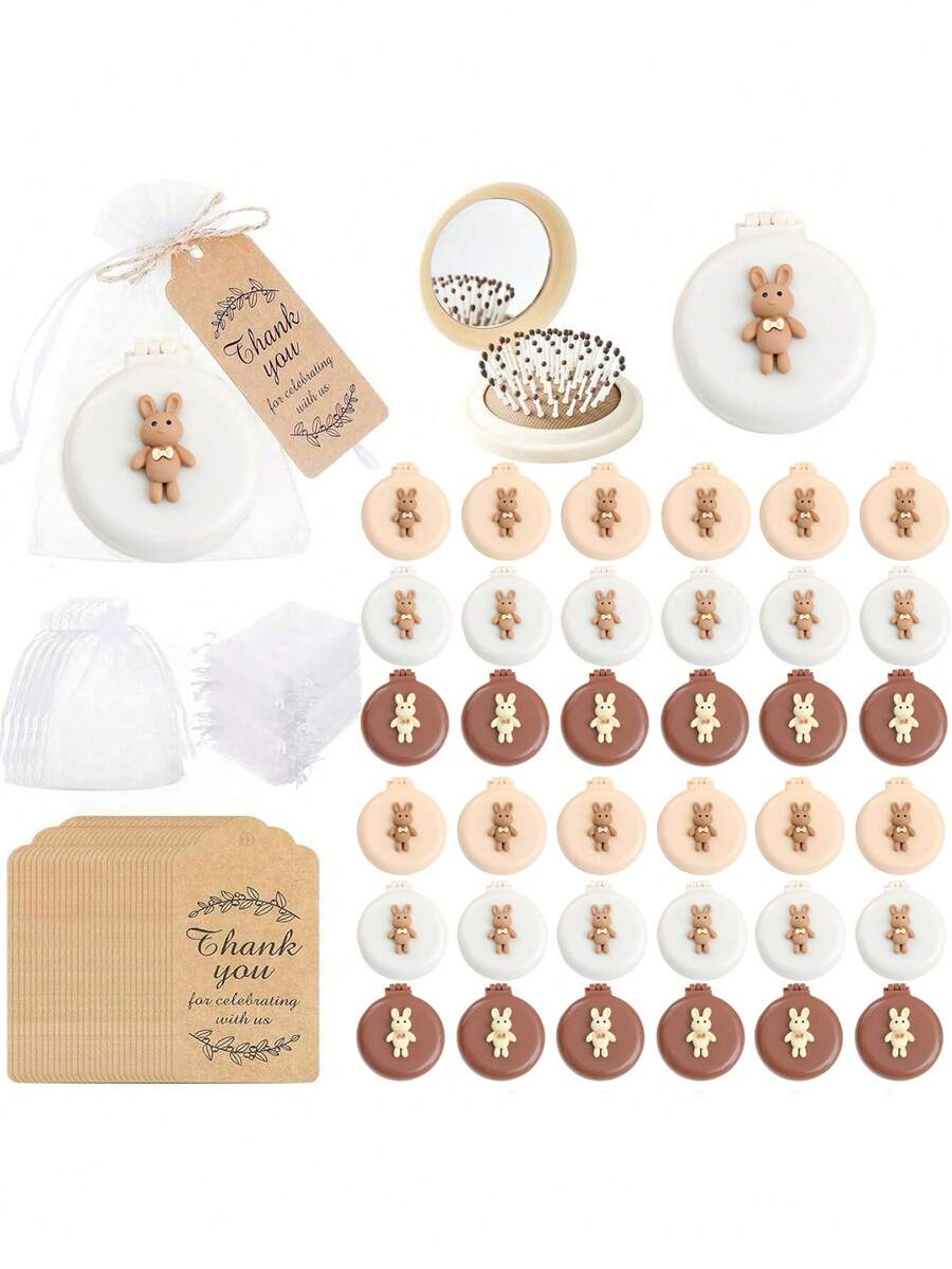 36/18/9 piezas - Regalos para fiesta de baby shower, Serie de conejos con lazos lindos, Artículos para fiesta de revelación de género del bebé, Espejos compactos, Peines a granel para regalos de boda y fiesta, Espejos de bolso y viaje, Juego de cepillo de pelo con etiqueta de agradecimiento y bolsa de organza, Peine de viaje con espejo multicolor, simple y portátil, Peine plegable, Peine de masaje de unicolor mini plegable, Peine de bolsillo, Portátil para exteriores y hogar