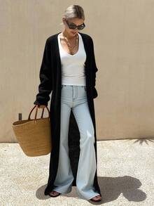 Livesso Women's Loose Solid Color Long Sleeve Long Casual Street Style Cardigan, Autumn/Winter